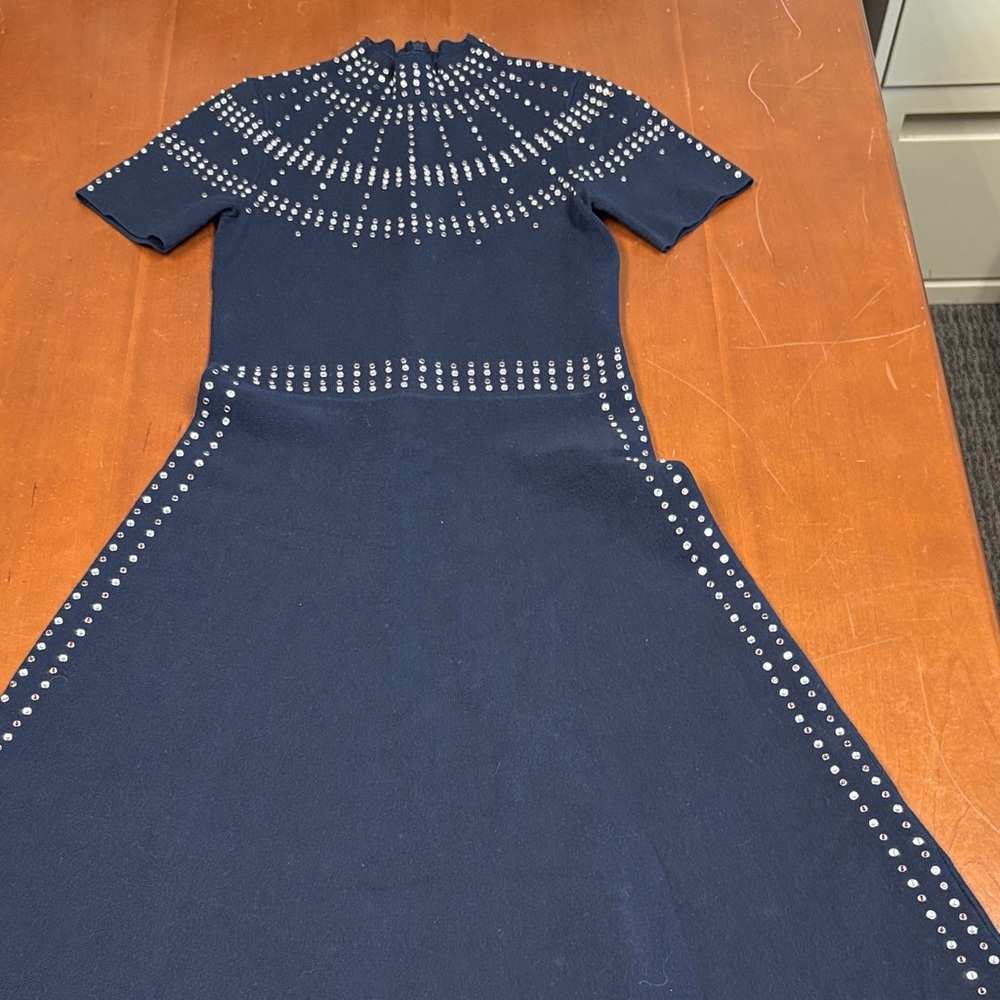 Sandro Dark Blue Long Sleeve Dress with Stud Accents